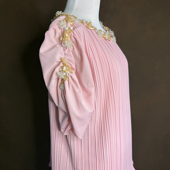 Vintage 80s Sandi Dee Pink Pleated Tiered Ruffle Dress Beaded Trim USA M - Picture 3 of 10